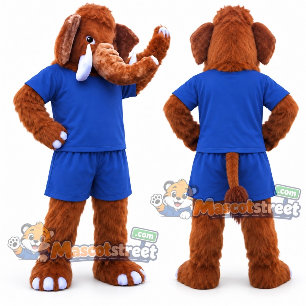Brown Mammoth Mascot Costume with Blue Shirt and Shorts