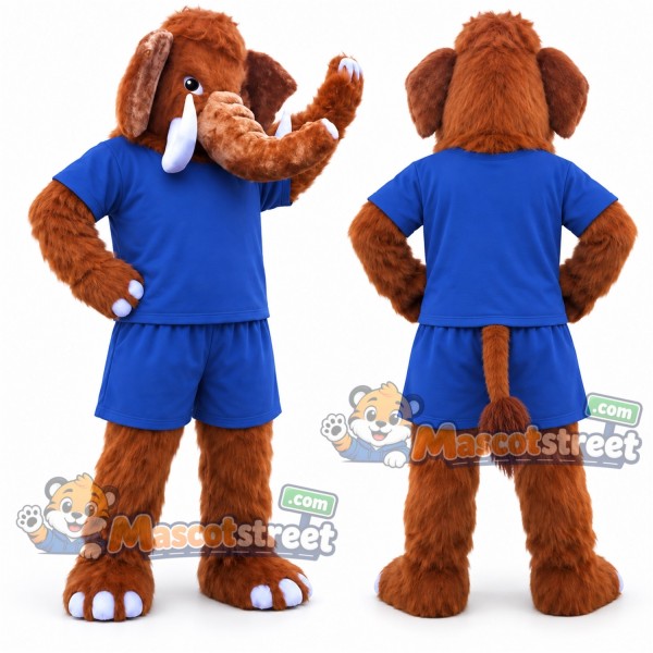Brown Mammoth Mascot Costume with Blue Shirt and Shorts