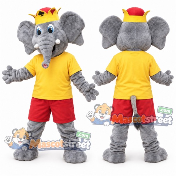 Gray Elephant Mascot Costume with Yellow Shirt, Red Shorts and Crown