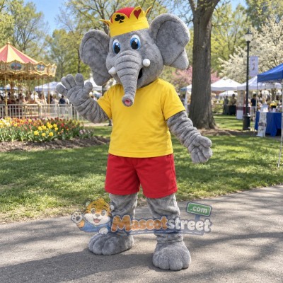 Gray Elephant Mascot Costume with Yellow Shirt, Red Shorts and Crown