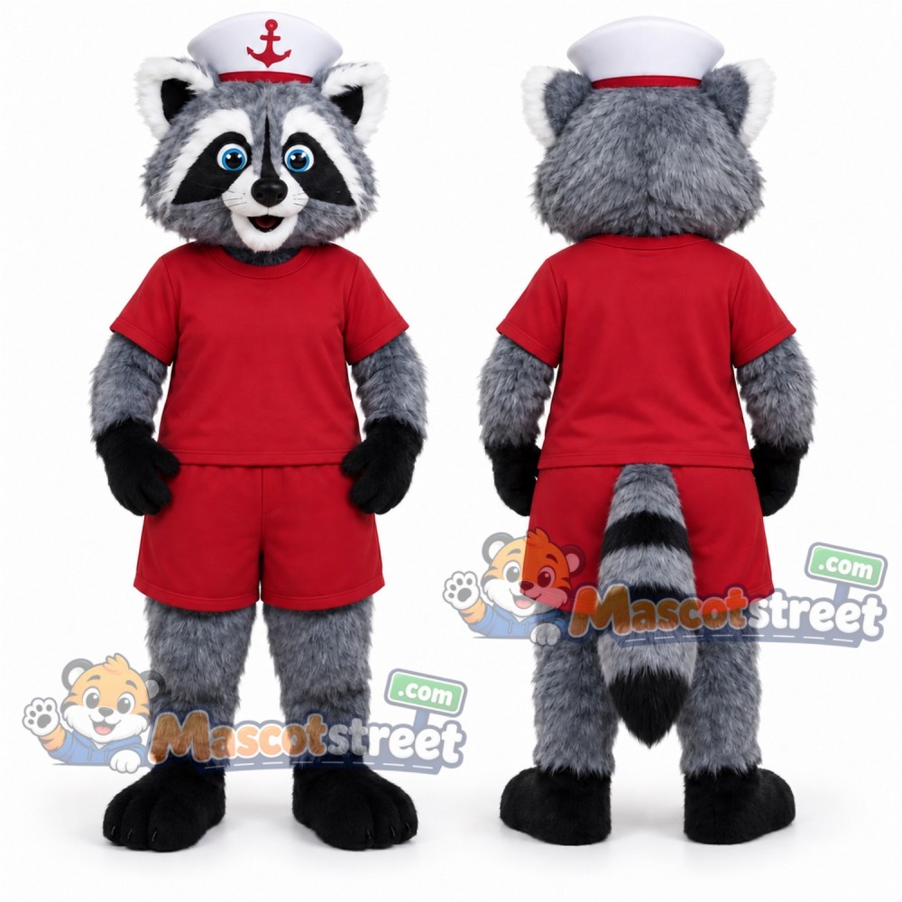 Gray Raccoon Mascot Costume with Red Shirt, Red Shorts and Sailor Hat