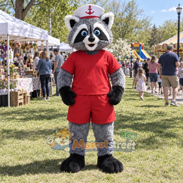 Gray Raccoon Mascot Costume with Red Shirt, Red Shorts and Sailor Hat