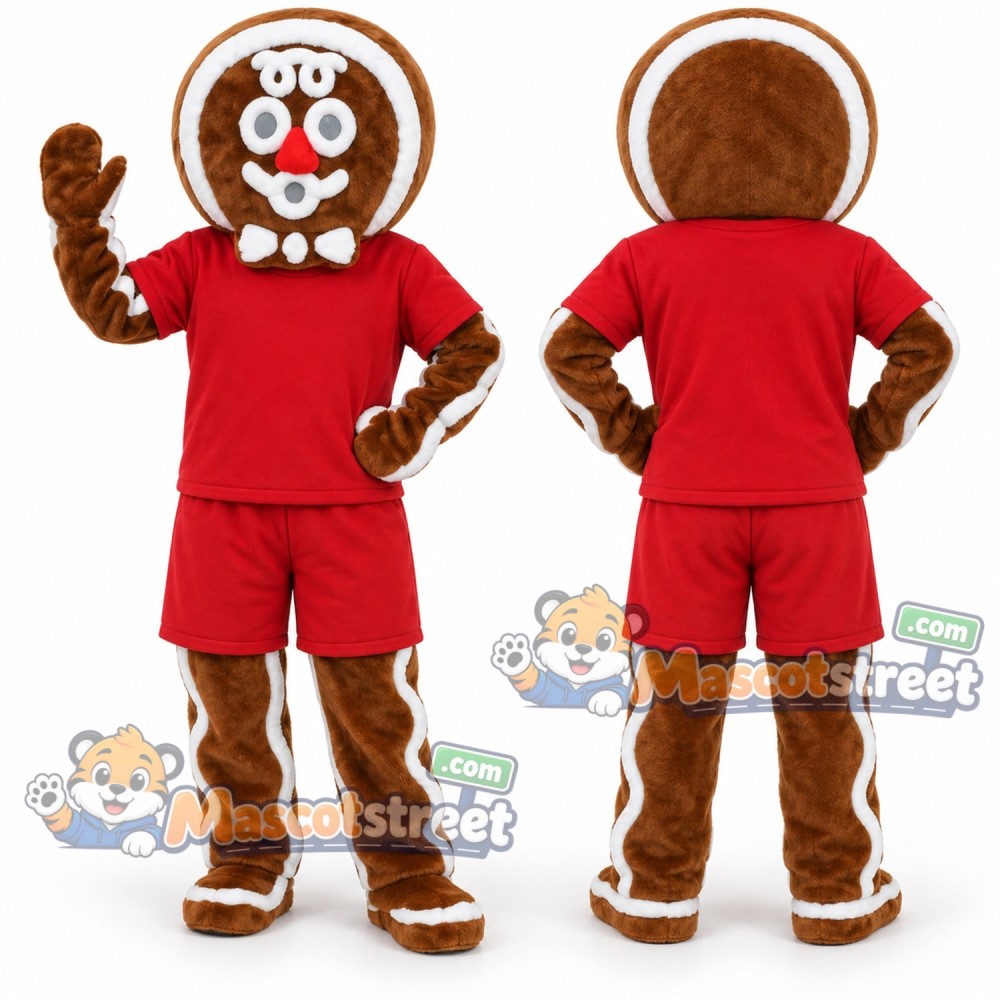 Gingerbread Man Mascot Costume with Red Shirt and Shorts