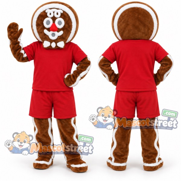 Gingerbread Man Mascot Costume with Red Shirt and Shorts