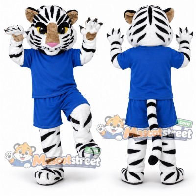 White Tiger Mascot Costume with Blue Shirt and Shorts White Tiger Mascot Costume with Blue Shirt and Shorts