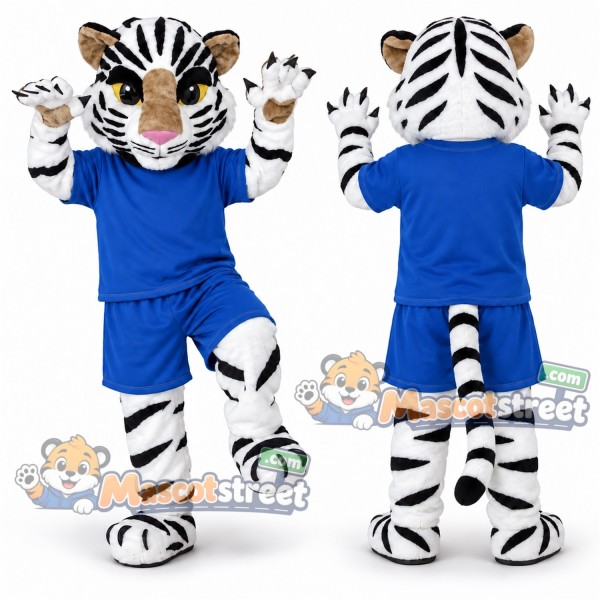 White Tiger Mascot Costume with Blue Shirt and Shorts