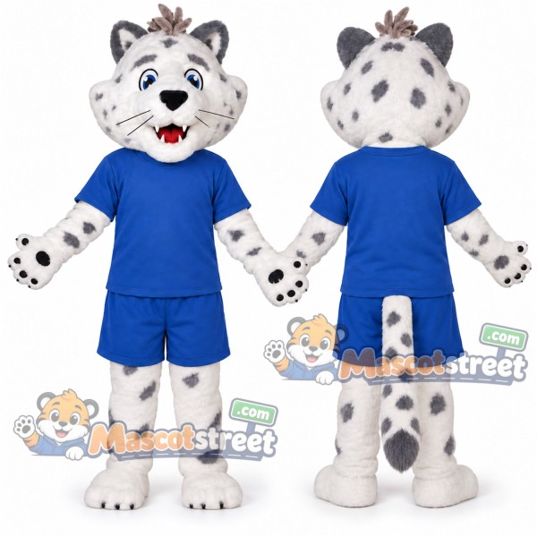 White Snow Leopard Mascot Costume with Blue Shirt and Shorts