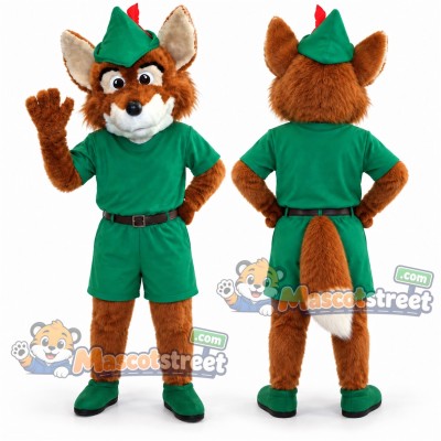 Orange Fox Mascot Costume with Green Outfit and Feathered Hat Orange Fox Mascot Costume with Green Outfit and Feathered Hat