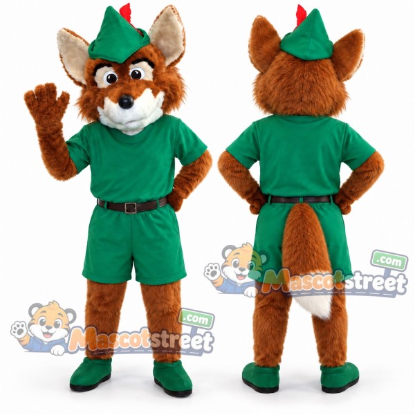 Orange Fox Mascot Costume with Green Outfit and Feathered Hat