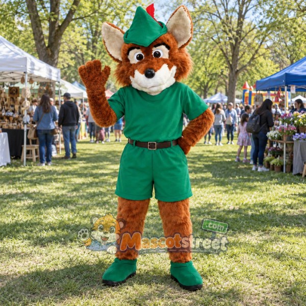 Orange Fox Mascot Costume with Green Outfit and Feathered Hat