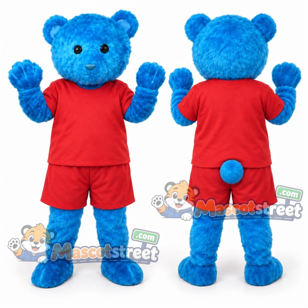 Blue Bear Mascot Costume with Red Shirt and Shorts