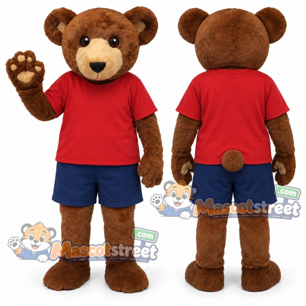 Brown Bear Mascot Costume with Red Shirt and Navy Shorts