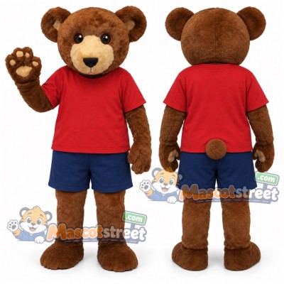 Brown Bear Mascot Costume with Red Shirt and Navy Shorts