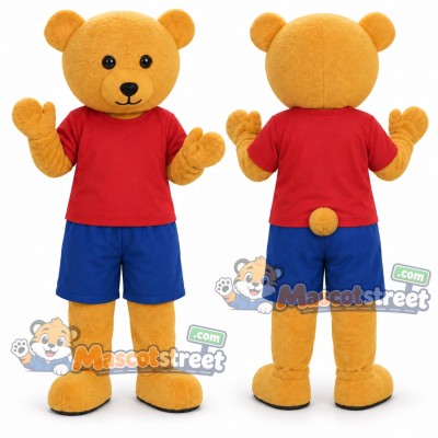 Golden Bear Mascot Costume with Red Shirt and Blue Shorts Golden Bear Mascot Costume with Red Shirt and Blue Shorts