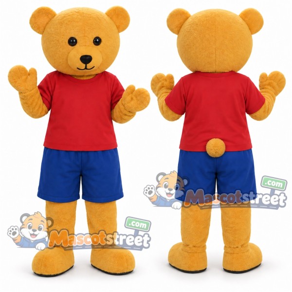Golden Bear Mascot Costume with Red Shirt and Blue Shorts