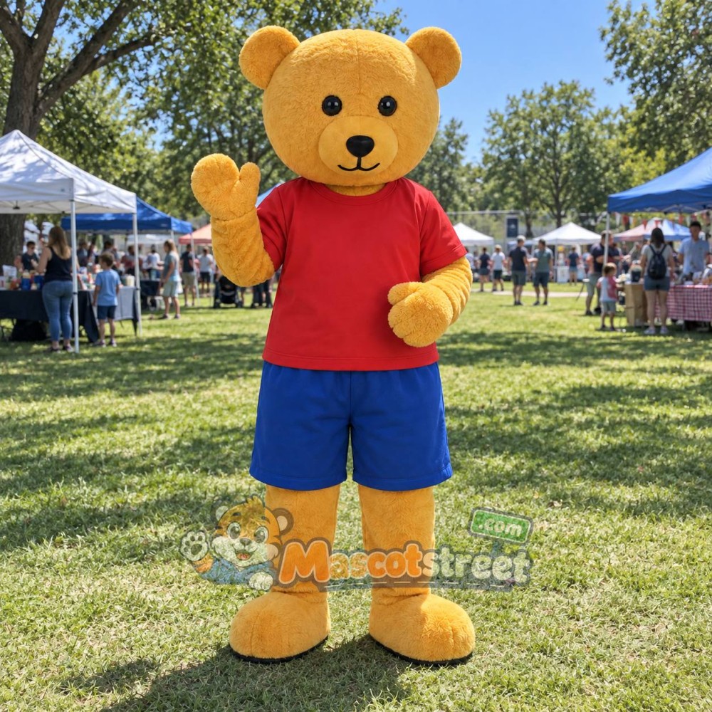 Golden Bear Mascot Costume with Red Shirt and Blue Shorts Golden Bear Mascot Costume with Red Shirt and Blue Shorts
