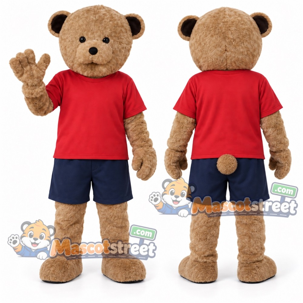 Tan Bear Mascot Costume with Red Shirt and Navy Shorts Tan Bear Mascot Costume with Red Shirt and Navy Shorts