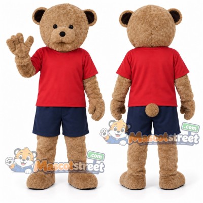 Tan Bear Mascot Costume with Red Shirt and Navy Shorts Tan Bear Mascot Costume with Red Shirt and Navy Shorts