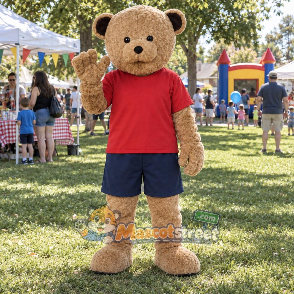 Tan Bear Mascot Costume with Red Shirt and Navy Shorts Tan Bear Mascot Costume with Red Shirt and Navy Shorts