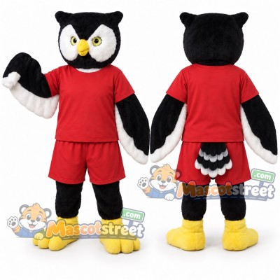 Black and White Owl Mascot Costume with Red Shirt and Shorts Black and White Owl Mascot Costume with Red Shirt and Shorts