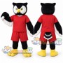 Black and White Owl Mascot Costume with Red Shirt and Shorts