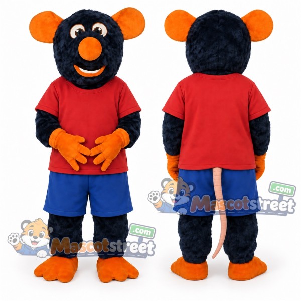 Black and Orange Mouse Mascot Costume with Red Shirt and Blue Shorts