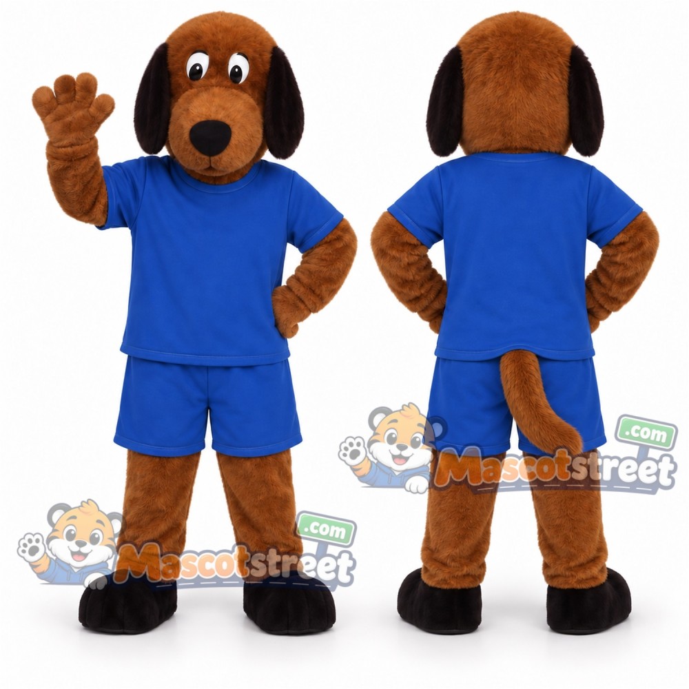 Brown Dog Mascot Costume with Blue Shirt and Shorts