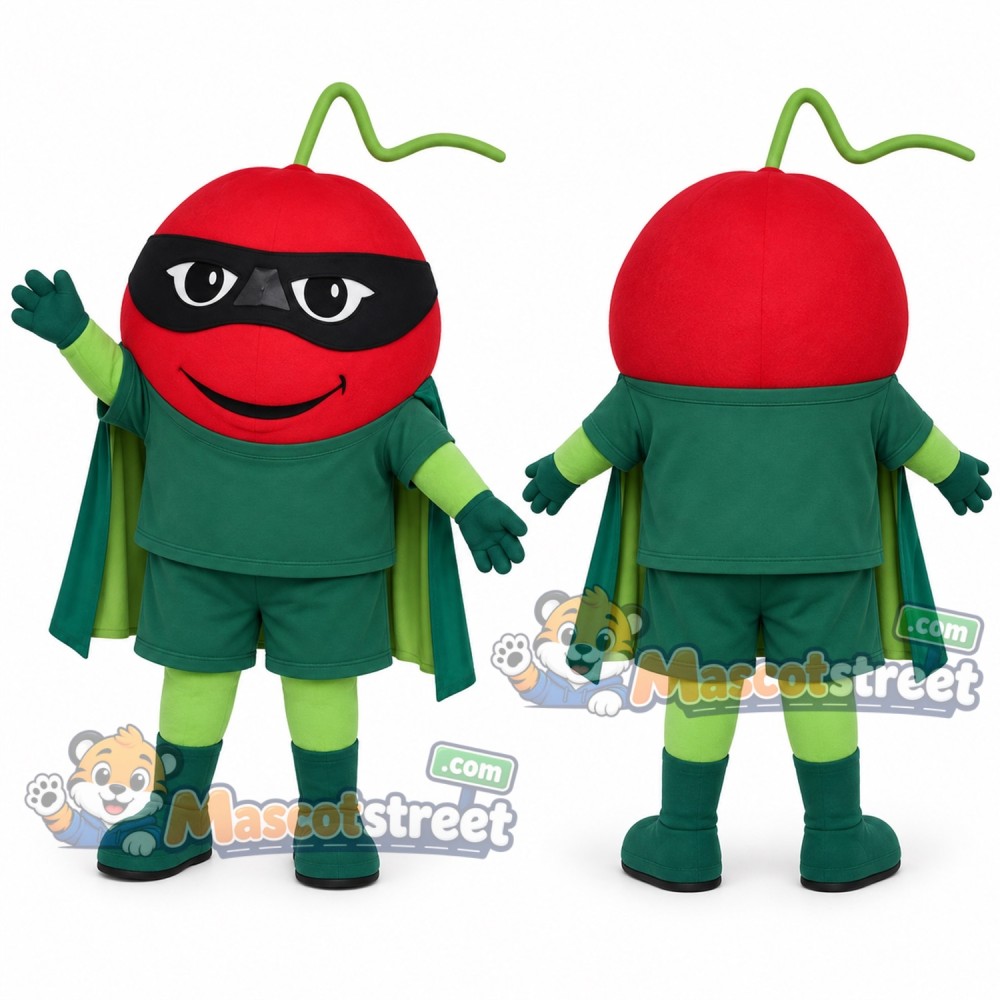 Red Cherry Superhero Mascot Costume with Green Suit and Cape