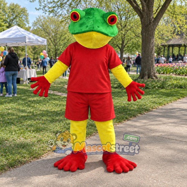 Green Frog Mascot Costume with Red Shirt and Shorts Green Frog Mascot Costume with Red Shirt and Shorts