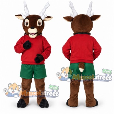 Brown Reindeer Mascot Costume with Red Sweater and Green Shorts