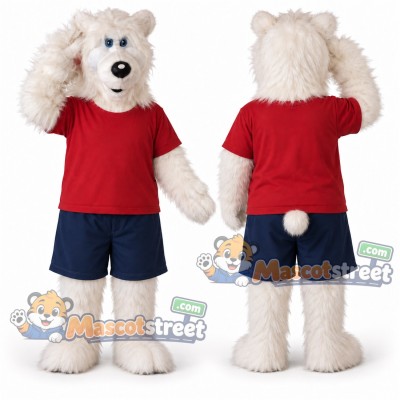 White Polar Bear Mascot Costume with Red Shirt and Navy Shorts White Polar Bear Mascot Costume with Red Shirt and Navy Shorts