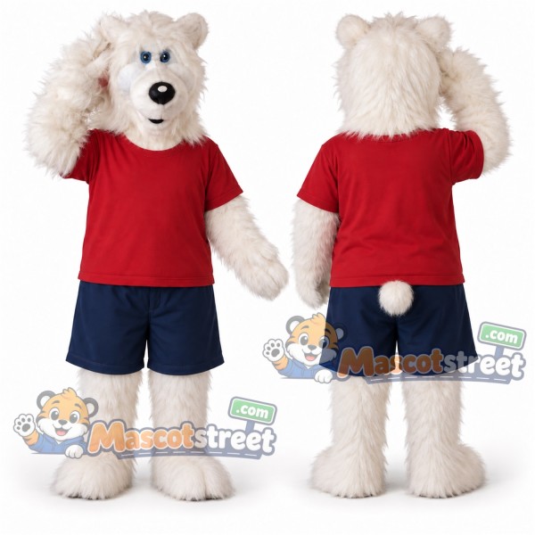White Polar Bear Mascot Costume with Red Shirt and Navy Shorts