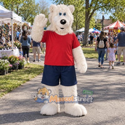 White Polar Bear Mascot Costume with Red Shirt and Navy Shorts White Polar Bear Mascot Costume with Red Shirt and Navy Shorts