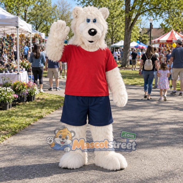 White Polar Bear Mascot Costume with Red Shirt and Navy Shorts
