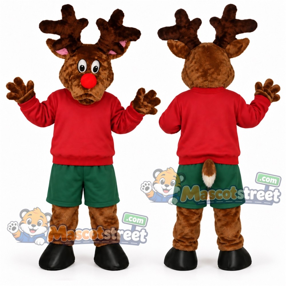 Brown Reindeer Mascot Costume with Red Shirt and Green Shorts