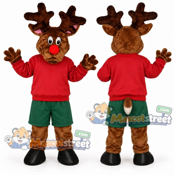 Brown Reindeer Mascot Costume with Red Shirt and Green Shorts