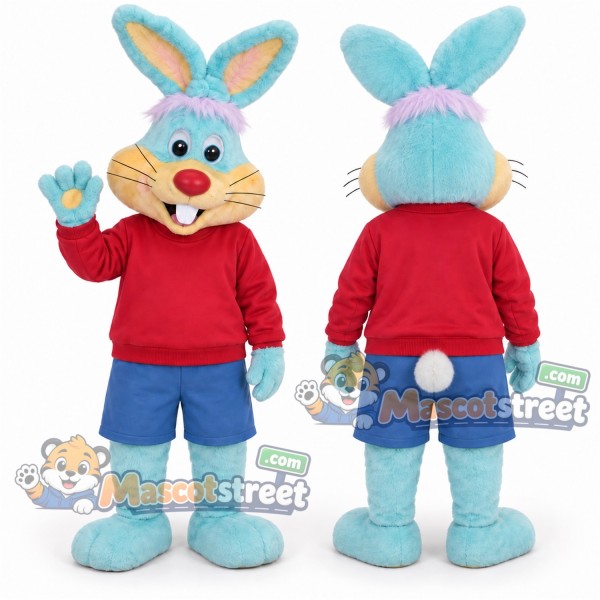 Light Blue Rabbit Mascot Costume with Red Shirt and Blue Shorts