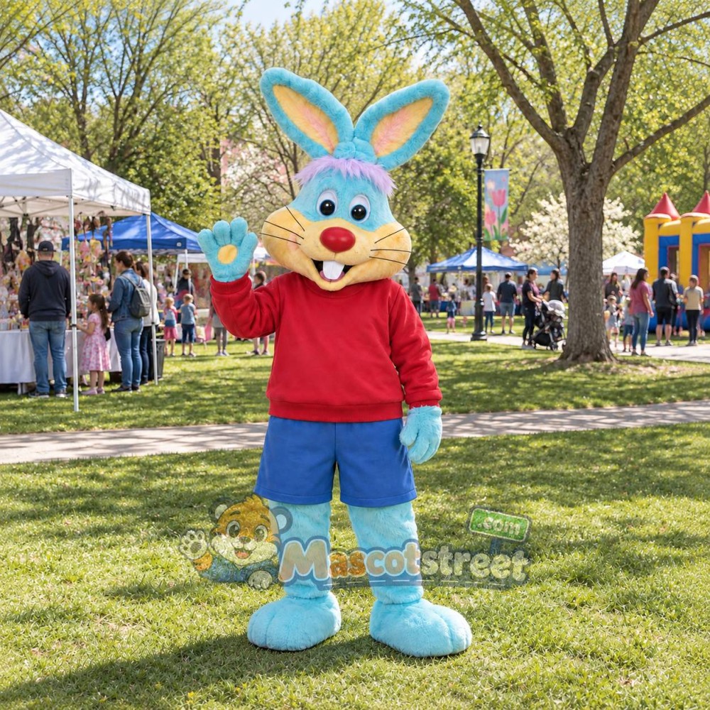 Light Blue Rabbit Mascot Costume with Red Shirt and Blue Shorts Light Blue Rabbit Mascot Costume with Red Shirt and Blue Shorts