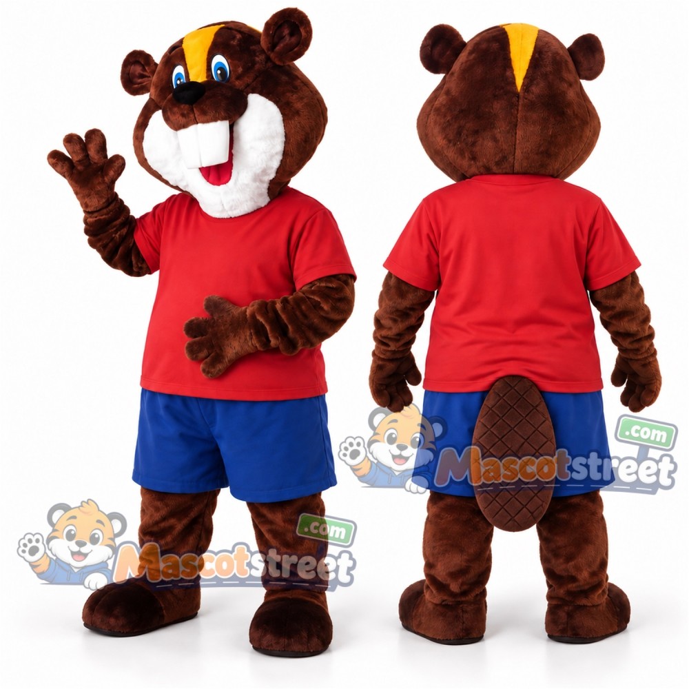 Brown Beaver Mascot Costume with Red Shirt and Blue Shorts Brown Beaver Mascot Costume with Red Shirt and Blue Shorts