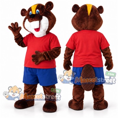 Brown Beaver Mascot Costume with Red Shirt and Blue Shorts Brown Beaver Mascot Costume with Red Shirt and Blue Shorts