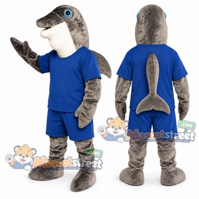 Gray Dolphin Mascot Costume with Blue Shirt and Shorts Gray Dolphin Mascot Costume with Blue Shirt and Shorts