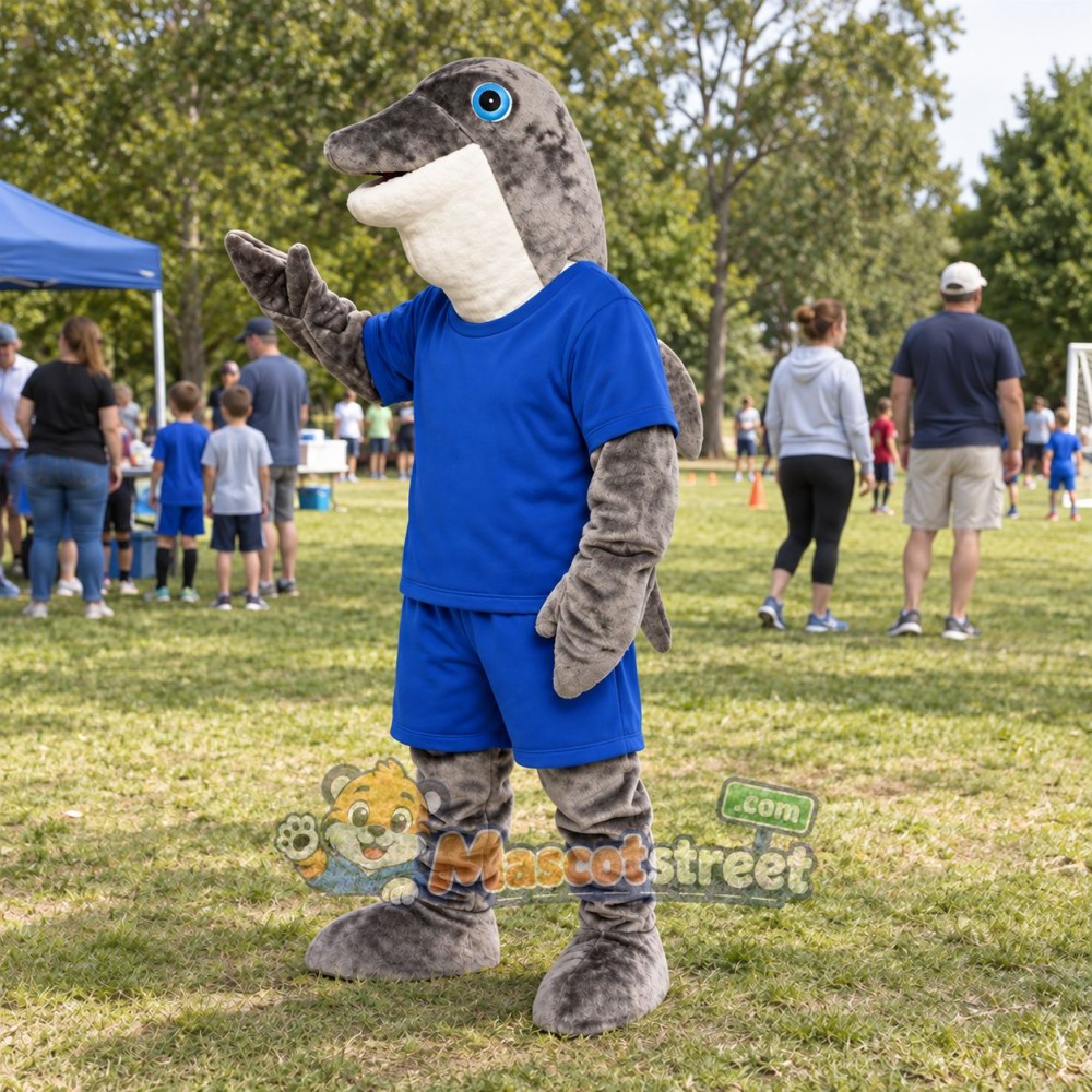Gray Dolphin Mascot Costume with Blue Shirt and Shorts Gray Dolphin Mascot Costume with Blue Shirt and Shorts