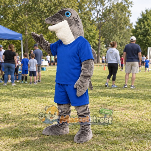 Gray Dolphin Mascot Costume with Blue Shirt and Shorts