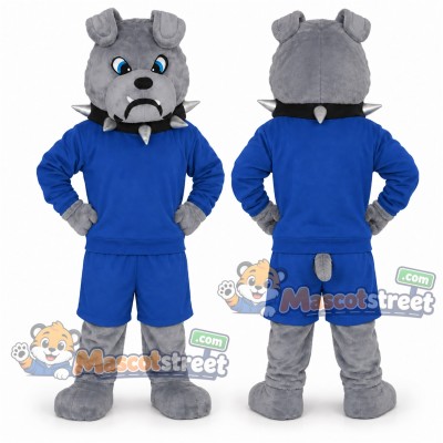 Gray Bulldog Mascot Costume with Blue Shirt and Shorts Gray Bulldog Mascot Costume with Blue Shirt and Shorts