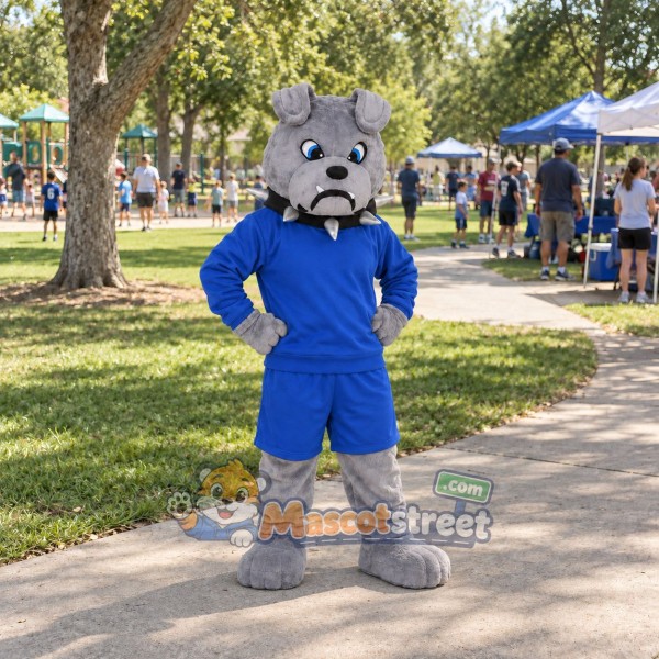 Gray Bulldog Mascot Costume with Blue Shirt and Shorts