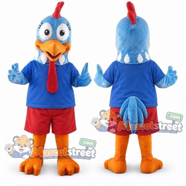 Blue Rooster Mascot Costume with Blue Shirt and Red Shorts