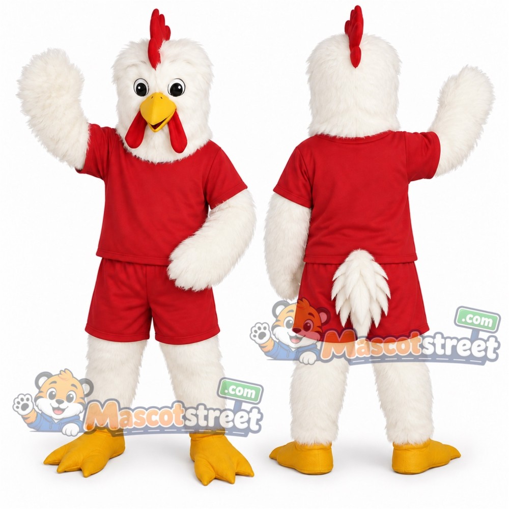 White Chicken Mascot Costume with Red Shirt and Shorts