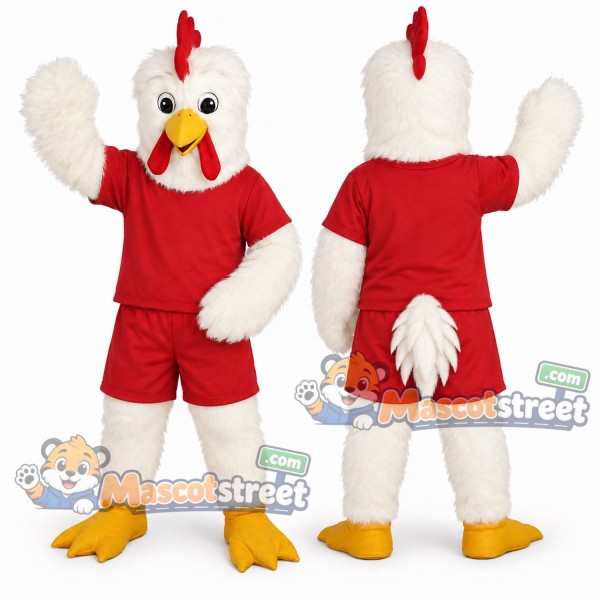 White Chicken Mascot Costume with Red Shirt and Shorts