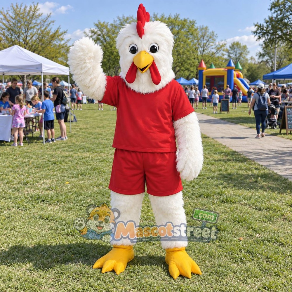 White Chicken Mascot Costume with Red Shirt and Shorts White Chicken Mascot Costume with Red Shirt and Shorts