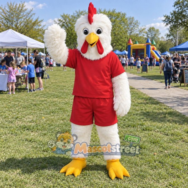 White Chicken Mascot Costume with Red Shirt and Shorts